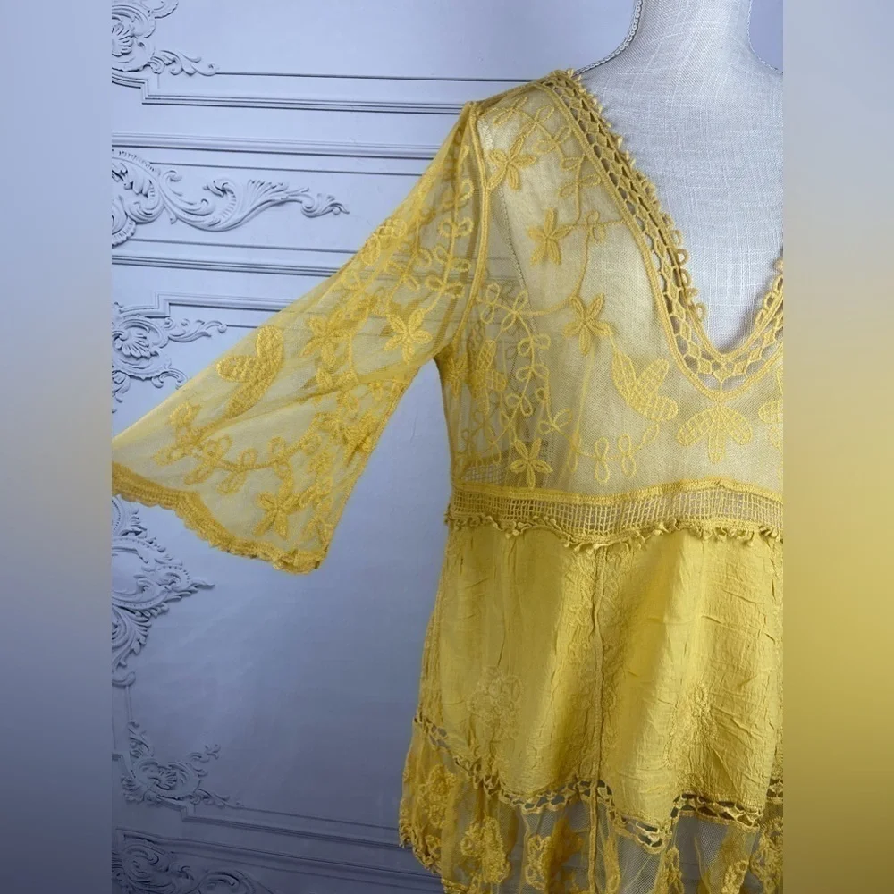 Bohemian Embroidered Floral Lace Sheer Mesh Top Swimsuit Coverup - Picture 8 of 9